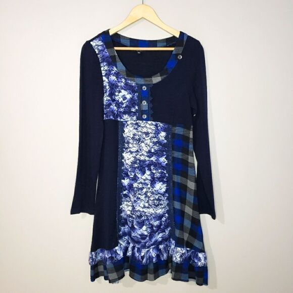 Papillon Small Long Sleeve Blue Lace Check Ruffles Grannycore Dress - Picture 1 of 12